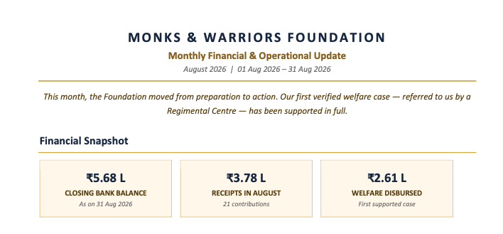 Monks & Warriors Foundation Financial & Operational Update